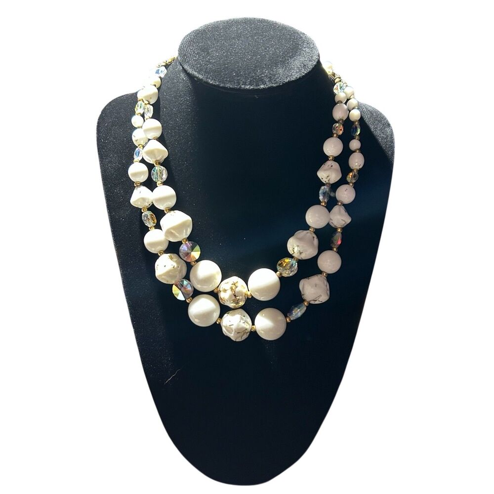 Vintage 15" White Beaded  Gold Tone Paint Splattered Two Strand Necklace